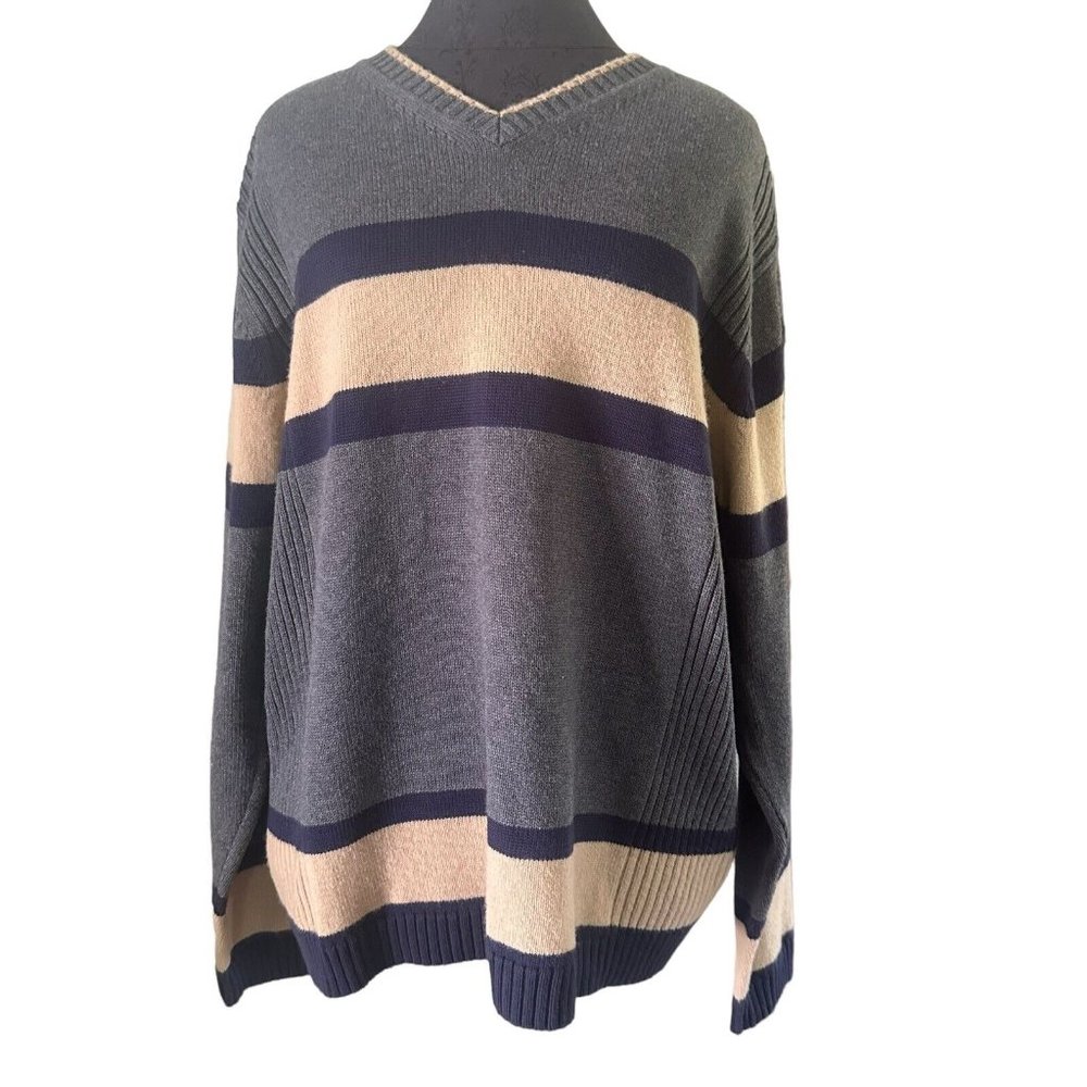 Tommy Hilfiger Knit Sweater Men’s Large Gray Blue Beige Striped Grandpacore